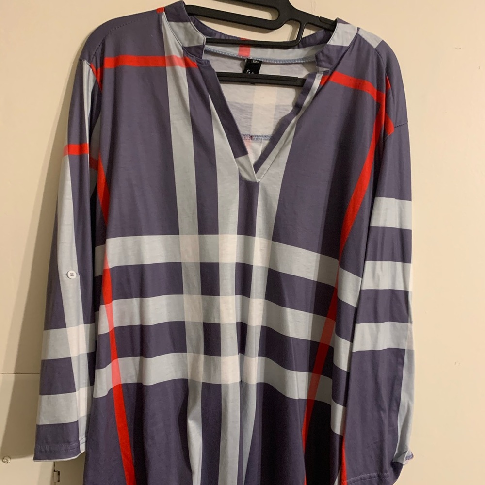 Grey, white and red top